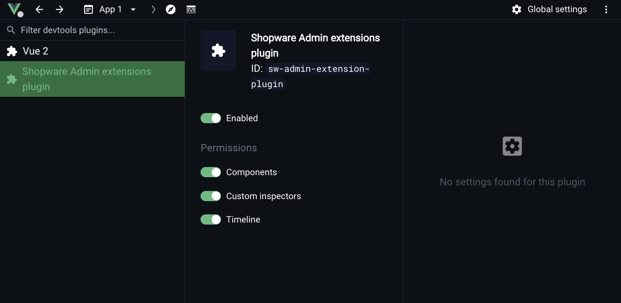 Vue Devtools plugin settings list